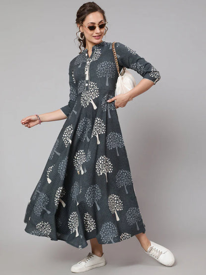 COTTON PRINTED MANDARIN NECK 3/4 SLEEVE FLARED ANKLE LENGTH ETHNIC KURTA