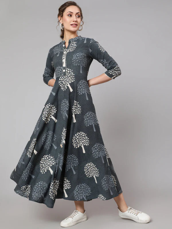 COTTON PRINTED MANDARIN NECK 3/4 SLEEVE FLARED ANKLE LENGTH ETHNIC KURTA