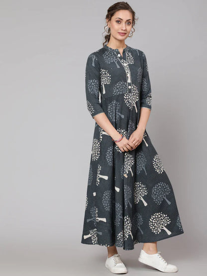 COTTON PRINTED MANDARIN NECK 3/4 SLEEVE FLARED ANKLE LENGTH ETHNIC KURTA