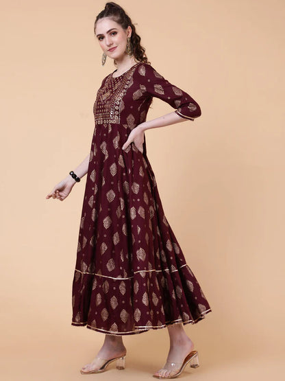 RAYON ANKLE LENGTH PRINTED FLARED 3/4 SLEEVES ROUND NECK KURTA