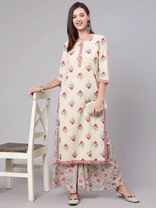 RAYON CALF LENGTH PRINTED STRAIGHT 3/4 SLEEVE ROUND NECK KURTA BOTTOM