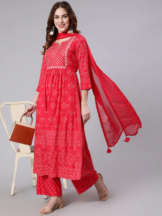 PINK PRINTED SEMI FLARED 3/4 SLEEVE ROUND NECK KURTA DUPATTA PANT SET