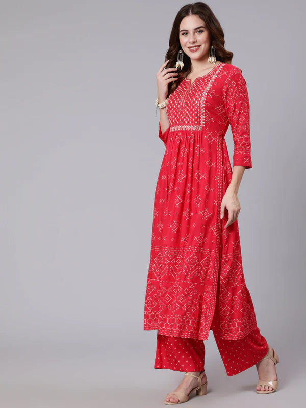 RAYON CALF LENGTH PRINTED SEMI FLARED 3/4 SLEEVE ROUND NECK KURTA DUPATTA PANT SET