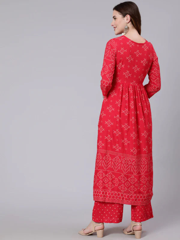 RAYON CALF LENGTH PRINTED SEMI FLARED 3/4 SLEEVE ROUND NECK KURTA DUPATTA PANT SET