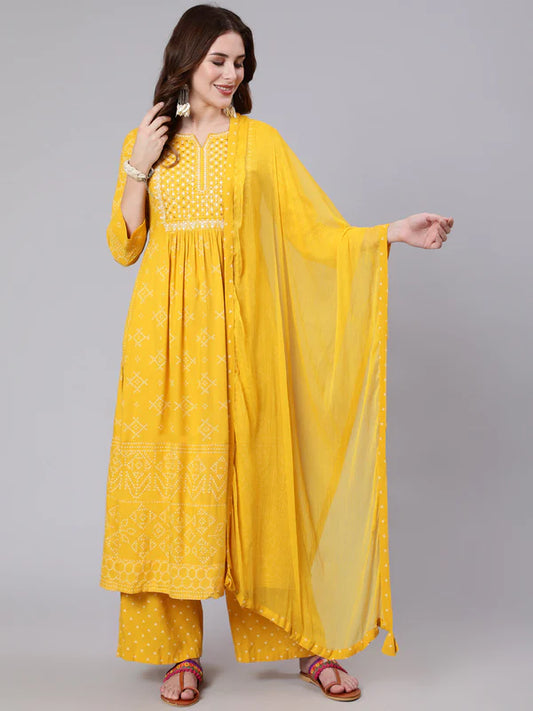 MUSTARD PRINTED SEMI FLARED 3/4 SLEEVE ROUND NECK KURTA DUPATTA PANT SET