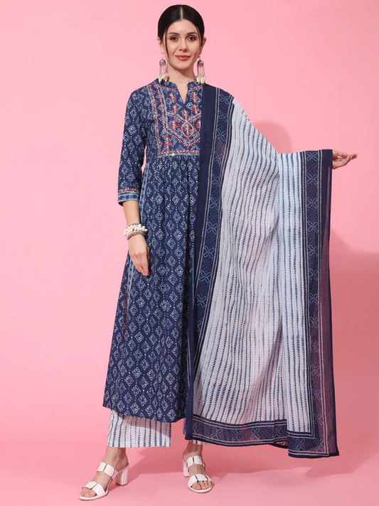 COTTON CALF LENGTH PRINTED SEMI FLARED 3/4 SLEEVE COLLAR NECK KURTA BOTTOM DUPATTA SET