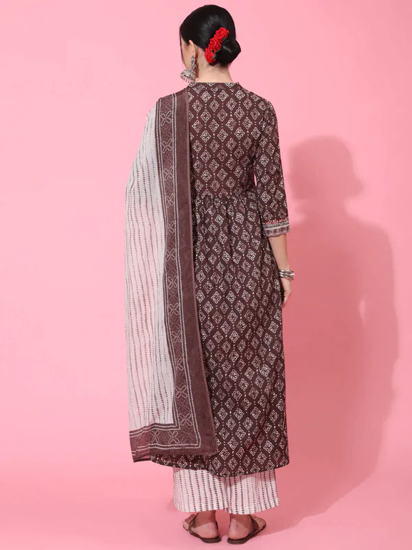 COTTON CALF LENGTH PRINTED SEMI FLARED 3/4 SLEEVE COLLAR NECK KURTA BOTTOM DUPATTA SET