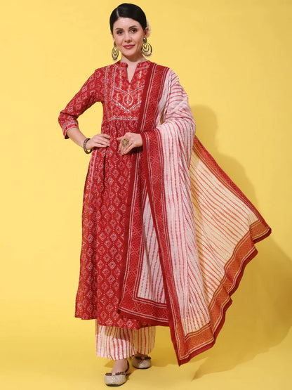 COTTON CALF LENGTH PRINTED SEMI FLARED 3/4 SLEEVE COLLAR NECK KURTA BOTTOM DUPATTA SET