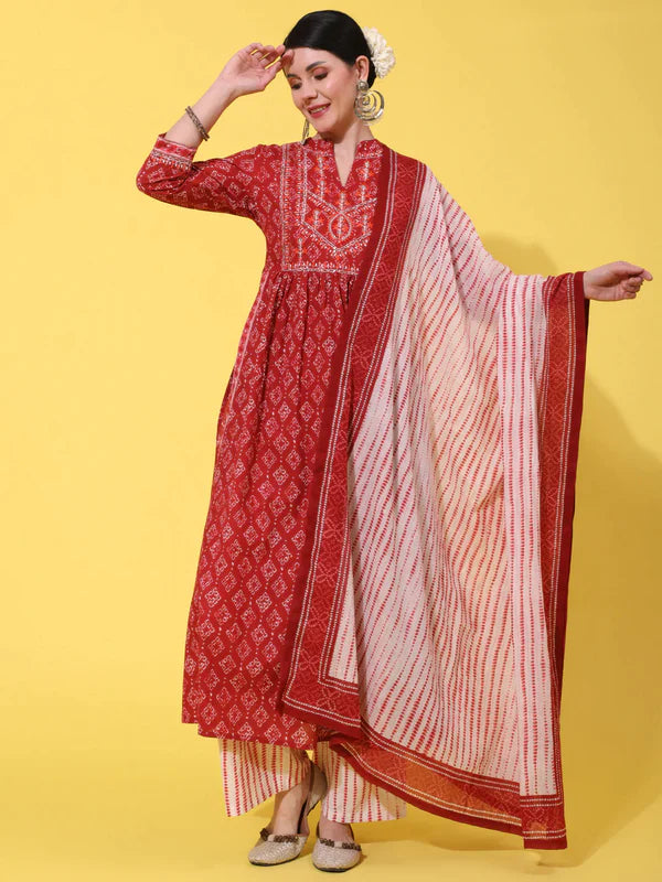 COTTON CALF LENGTH PRINTED SEMI FLARED 3/4 SLEEVE COLLAR NECK KURTA BOTTOM DUPATTA SET