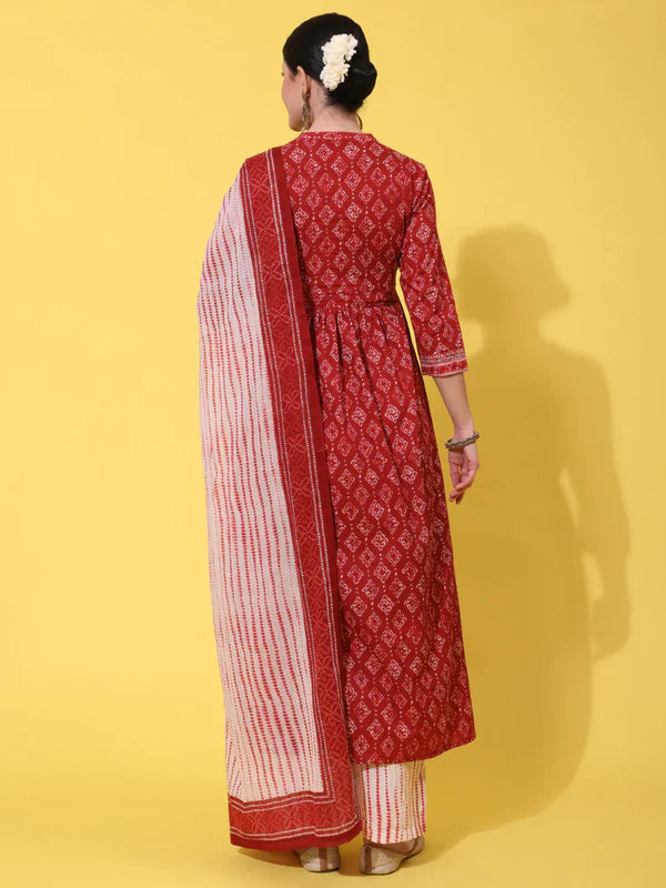 COTTON CALF LENGTH PRINTED SEMI FLARED 3/4 SLEEVE COLLAR NECK KURTA BOTTOM DUPATTA SET