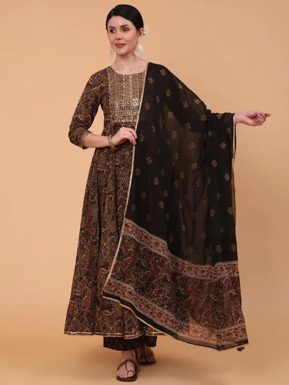 PRINTED FLARED 3/4 SLEEVE ROUND NECK KURTA BOTTOM DUPATTA SET