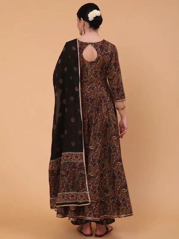 PRINTED FLARED 3/4 SLEEVE ROUND NECK KURTA BOTTOM DUPATTA SET