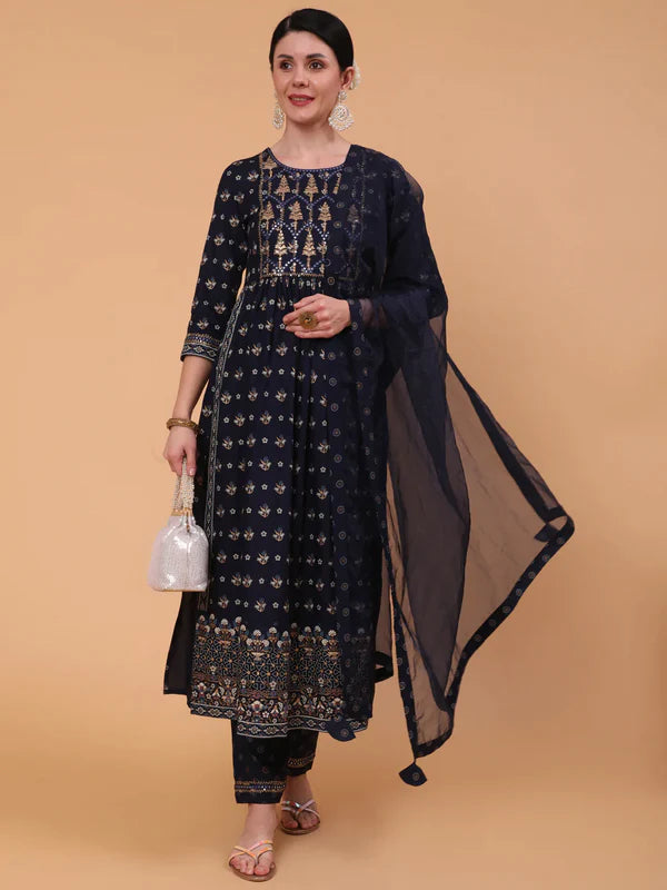 RAYON CALF LENGTH PRINTED SEMI FLARED 3/4 SLEEVE ROUND NECK KURTA BOTTOM DUPATTA SET