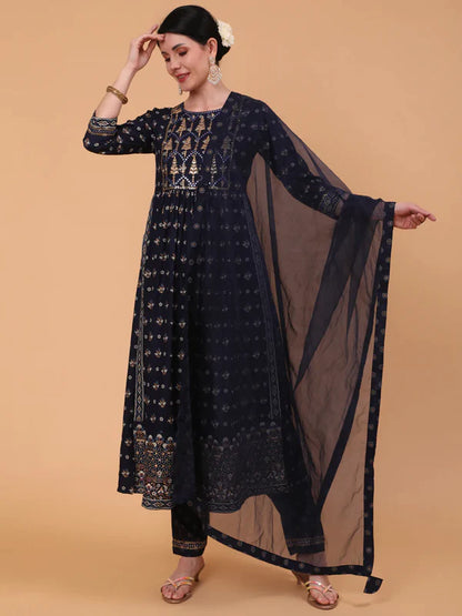 RAYON CALF LENGTH PRINTED SEMI FLARED 3/4 SLEEVE ROUND NECK KURTA BOTTOM DUPATTA SET