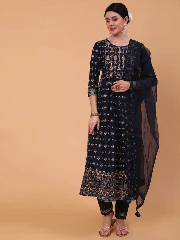 RAYON CALF LENGTH PRINTED SEMI FLARED 3/4 SLEEVE ROUND NECK KURTA BOTTOM DUPATTA SET