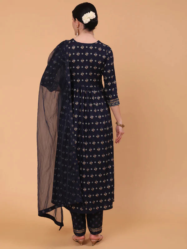 RAYON CALF LENGTH PRINTED SEMI FLARED 3/4 SLEEVE ROUND NECK KURTA BOTTOM DUPATTA SET