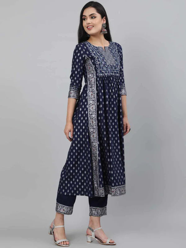 RAYON CALF LENGTH A-LINE 3/4 SLEEVE ROUND NECK FOIL PRINTED KURTA SET