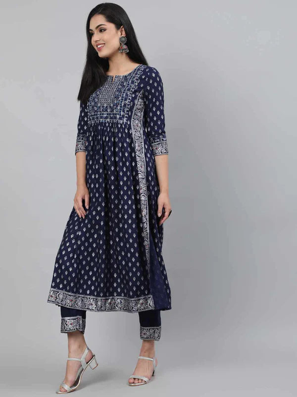 RAYON CALF LENGTH A-LINE 3/4 SLEEVE ROUND NECK FOIL PRINTED KURTA SET