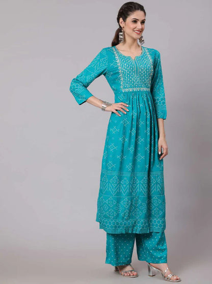 RAYON CALF LENGTH PRINTED SEMI FLARED 3/4 SLEEVE ROUND NECK KURTA PANT DUAPTTA SET