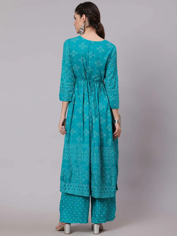 RAYON CALF LENGTH PRINTED SEMI FLARED 3/4 SLEEVE ROUND NECK KURTA PANT DUAPTTA SET