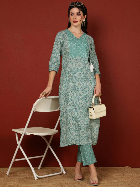 COTTON CALF LENGTH PRINTED STRAIGHT 3/4 SLEEVES V-NECK KURTA BOTTOM SET