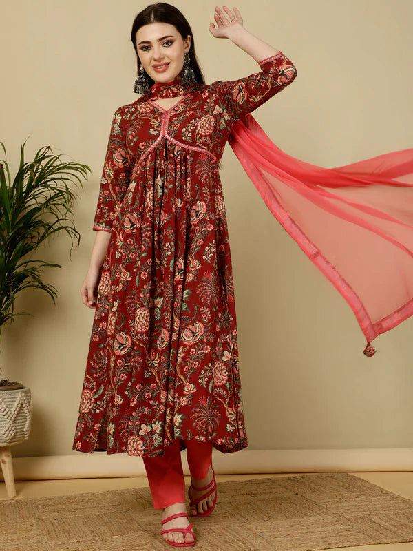 COTTON CALF LENGTH SEMI-FLARED 3/4 SLEEVES V KURTA BOTTOM DUPATTA SET