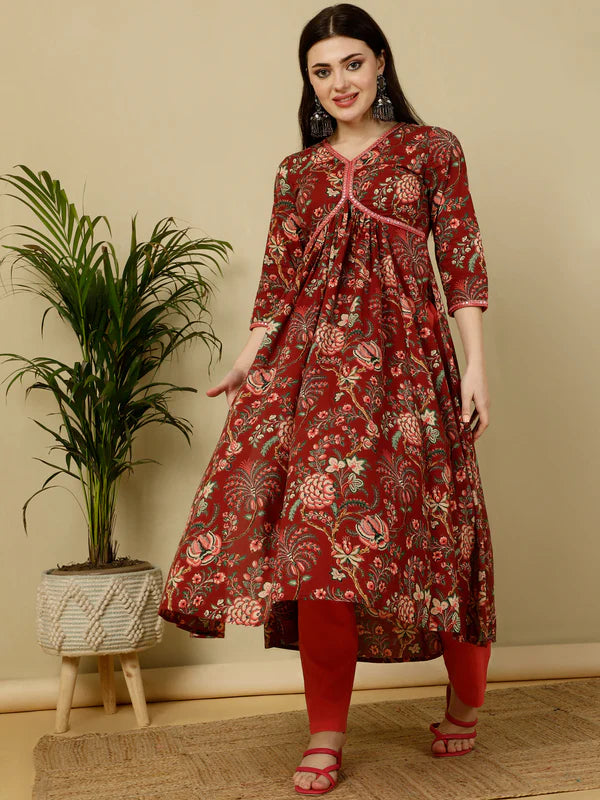 COTTON CALF LENGTH SEMI-FLARED 3/4 SLEEVES V KURTA BOTTOM DUPATTA SET