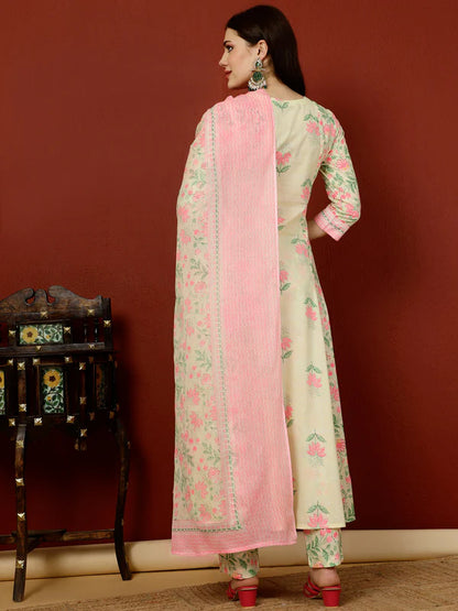 COTTON CALF LENGTH SEMI-FLARED 3/4 SLEEVES V KURTA BOTTOM DUPATTA SET