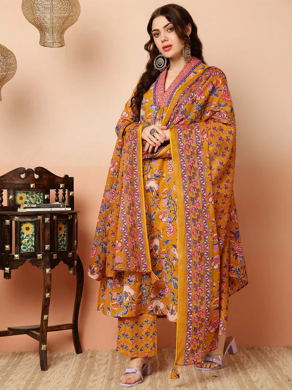 COTTON CALF LENGTH SEMI-FLARED 3/4 SLEEVES V KURTA BOTTOM DUPATTA SET