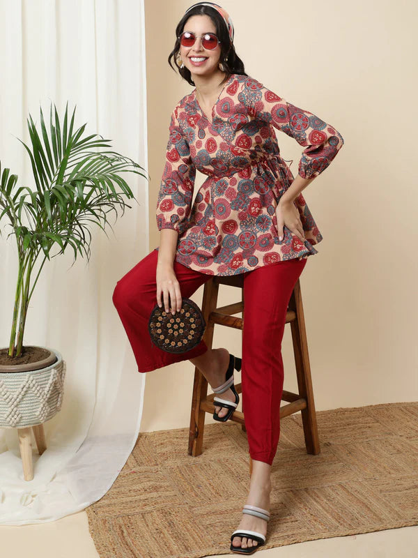 COTTON SHORT LENGTH LENGTH PRINTED FLARED 3/4 SLEEVES V-NECK TOP