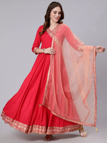 PINK RAYON SLUB FULL LENGTH SOLID FLARED 3/4 SLEEVE V NECK KURTA DUPATTA