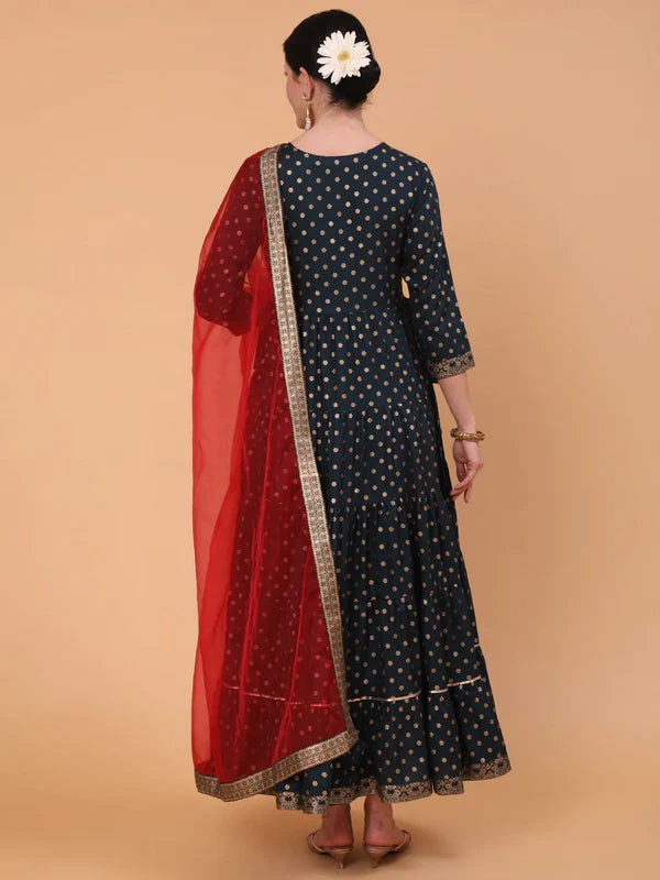 RAYON ANKLE LENGTH PRINTED FLARED 3/4 SLEEVE ROUND NECK KURTA DUPATTA SET