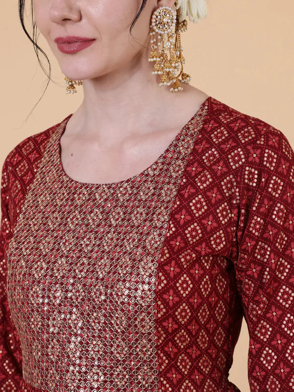 MAROON RAYON ANKLE LENGTH FLARED KURTA