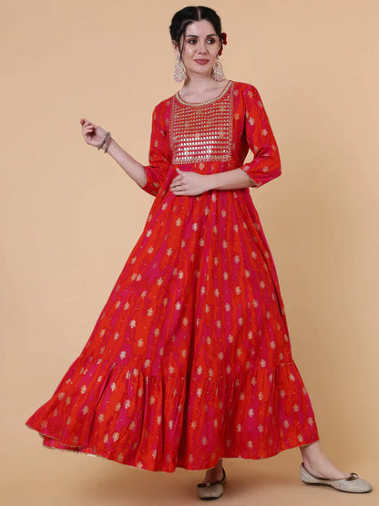 RED RAYON ANKLE LENGTH FLARED KURTA