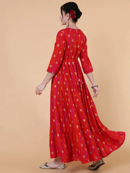 RED RAYON ANKLE LENGTH FLARED KURTA