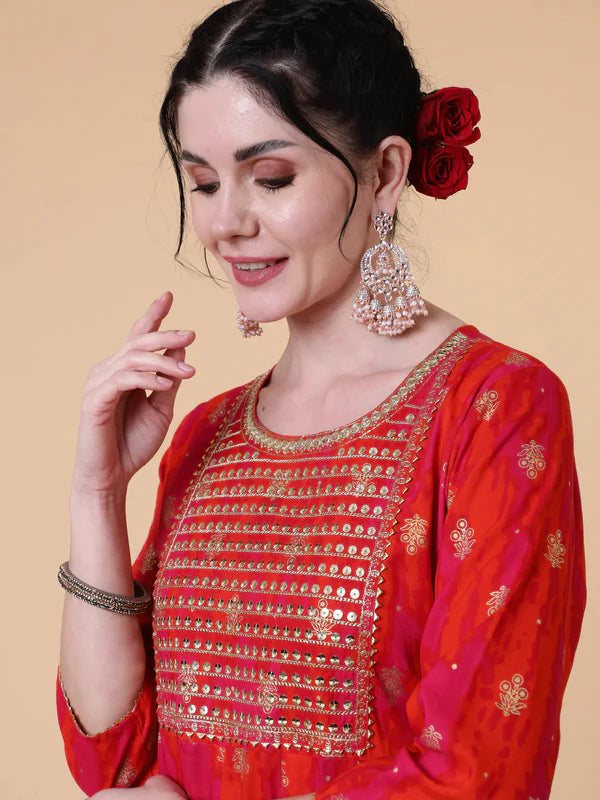 RED RAYON ANKLE LENGTH FLARED KURTA