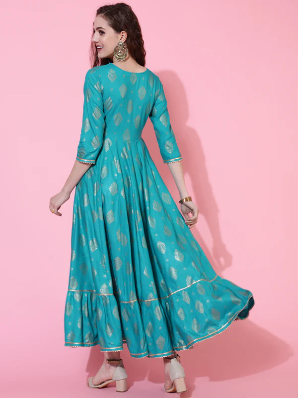 RAYON PRINTED CALF LENGTH FLARED 3/4 SLEEVE ROUND KURTA