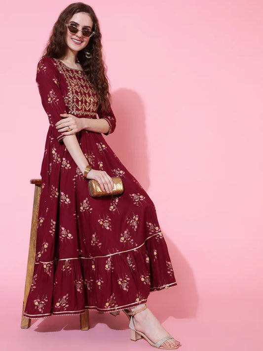 RAYON PRINTED ANKLE LENGTH FLARED 3/4 SLEEVE ROUND KURTA