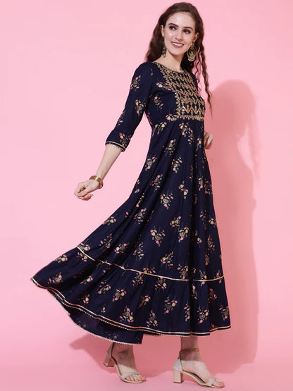 RAYON PRINTED ANKLE LENGTH FLARED 3/4 SLEEVE ROUND KURTA