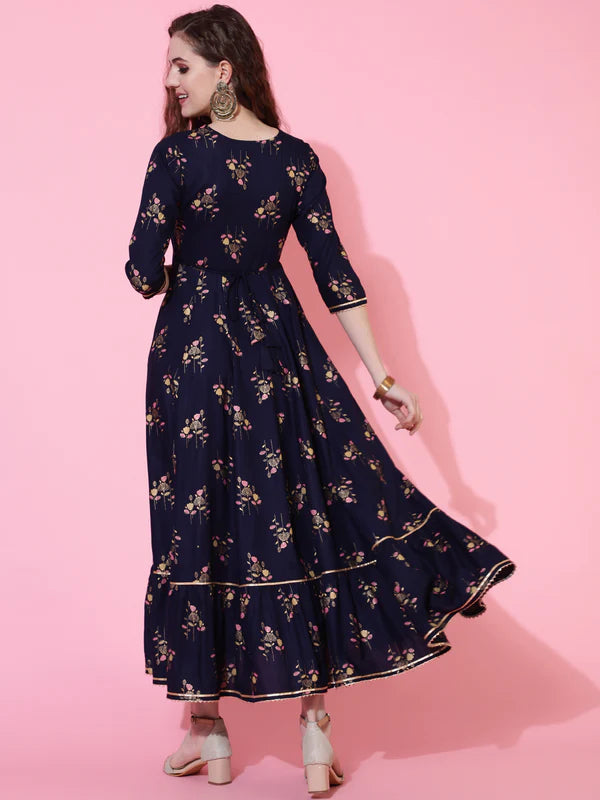 RAYON PRINTED ANKLE LENGTH FLARED 3/4 SLEEVE ROUND KURTA