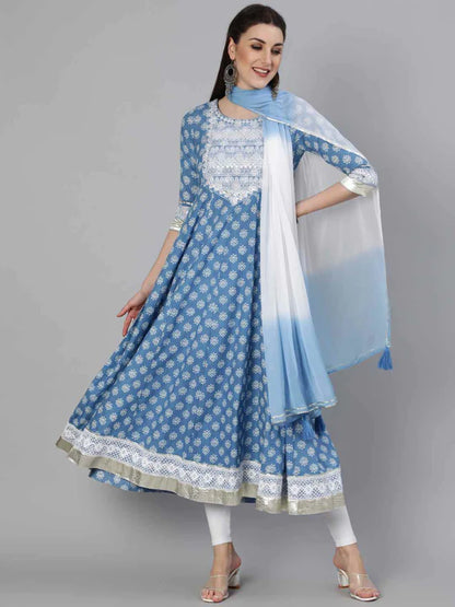 PRINTED ROUND NECK CALF LENGTH 3/4 SLEEVE COTTON FLARED KURTA, CHIFFON DUPATTA SET