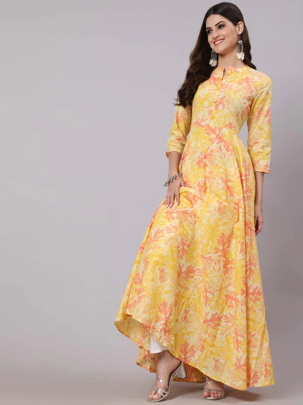 COTTON FULL LENGTH PRINTED FLARED 3/4 SLEEVE COLLAR NECK KURTA