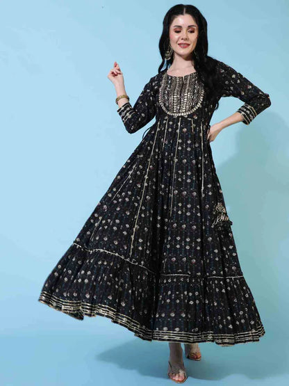 COTTON PRINTED EMBROIDERED ROUND NECK 3/4 SLEEVES KURTA