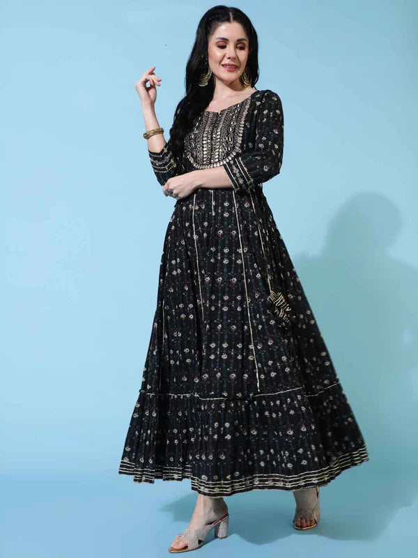 COTTON PRINTED EMBROIDERED ROUND NECK 3/4 SLEEVES KURTA