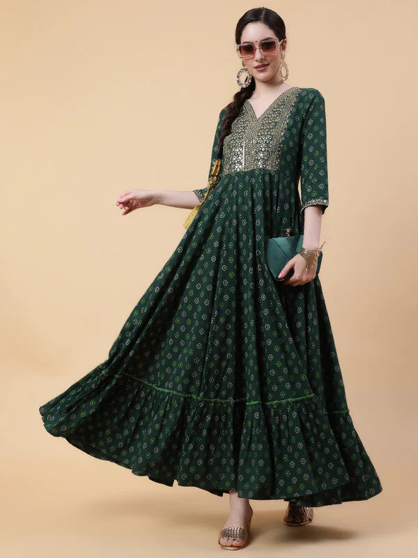 RAYON FULL LENGTH PRINTED FLARED 3/4 SLEEVE V-NECK KURTA