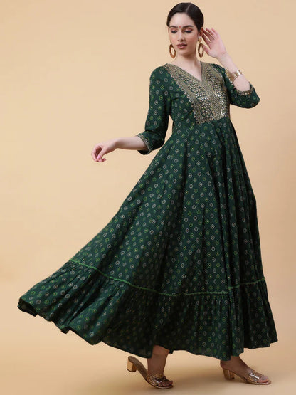 RAYON FULL LENGTH PRINTED FLARED 3/4 SLEEVE V-NECK KURTA