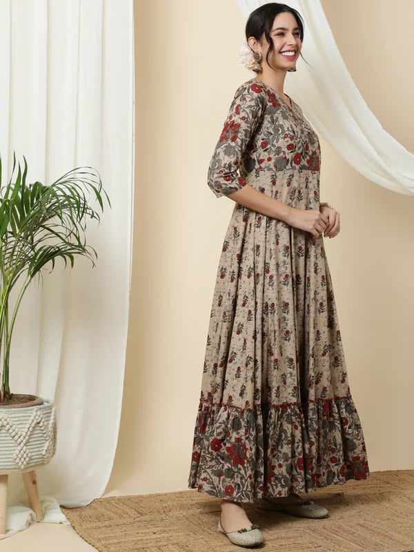 COTTON ANKLE LENGTH PRINTED FLARED 3/4 SLEEVES V-NECK KURTA