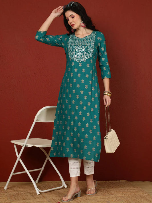 RAYON CALF LENGTH PRINTED STRAIGHT 3/4 SLEEVES ROUND KURTA