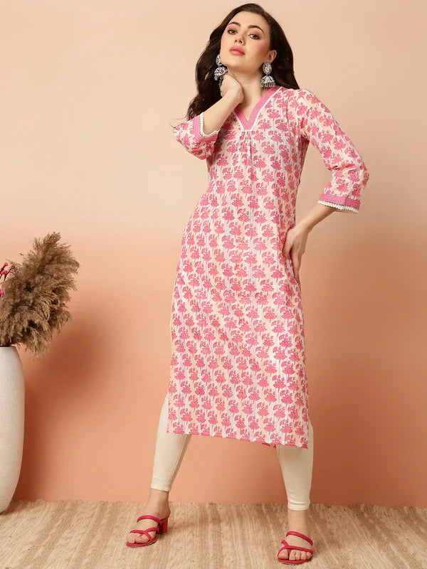 COTTON CALF LENGTH STRAIGHT 3/4 SLEEVES V KURTA