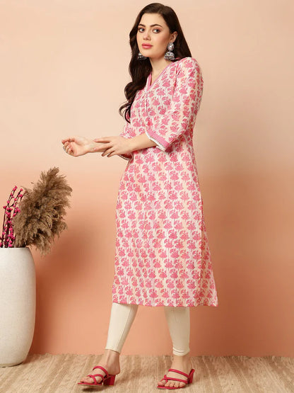 COTTON CALF LENGTH STRAIGHT 3/4 SLEEVES V KURTA